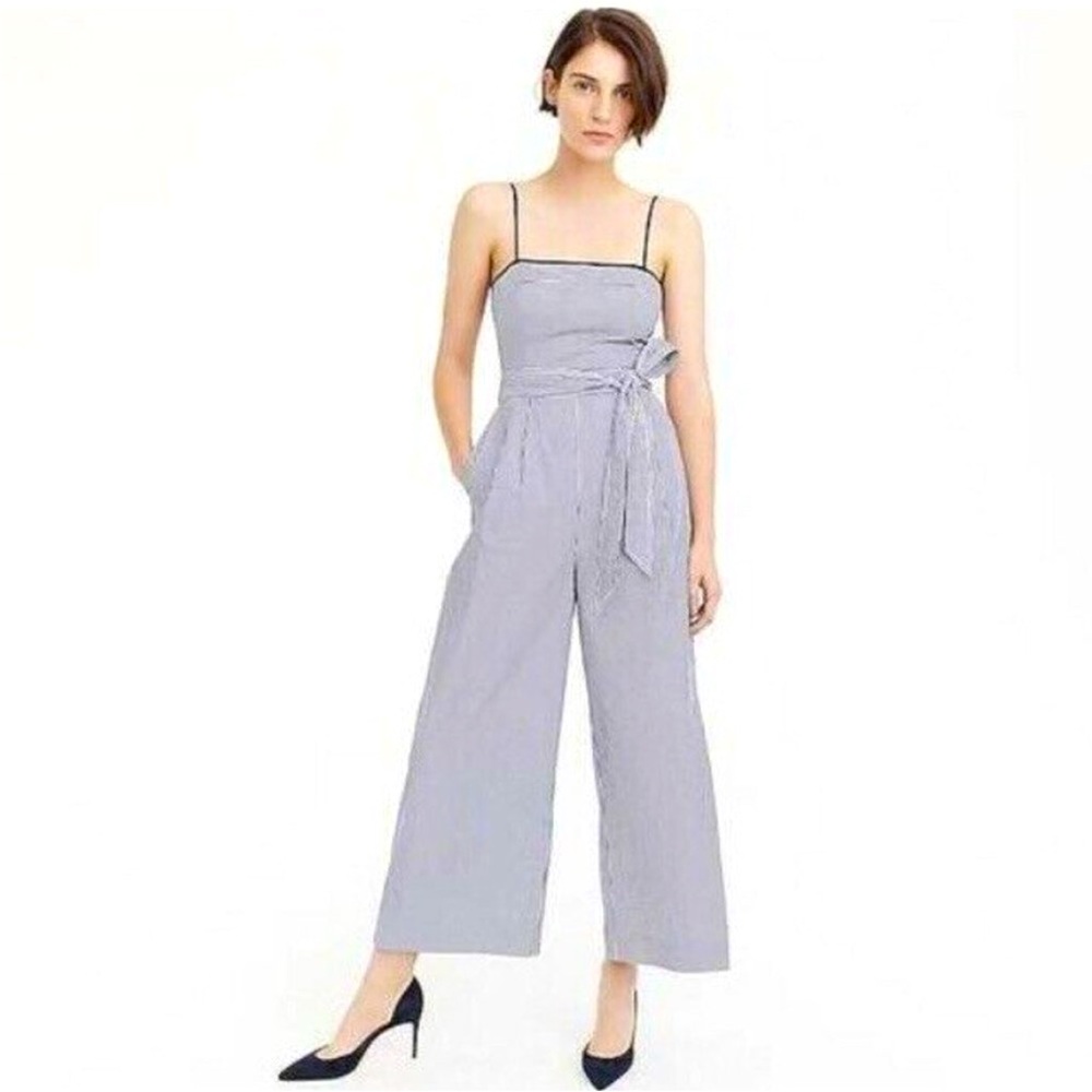 J. CREW Striped Cotton Cropped Jumpsuit Tie Waist Belted Navy Blue White size 2